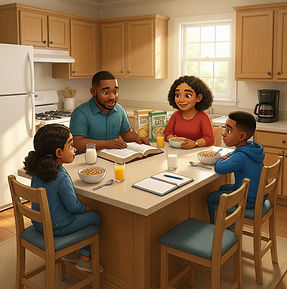 gemini-image-2_Angel_Travelers_children_seated_at_a_kitchen_table_with_their_parent_readin