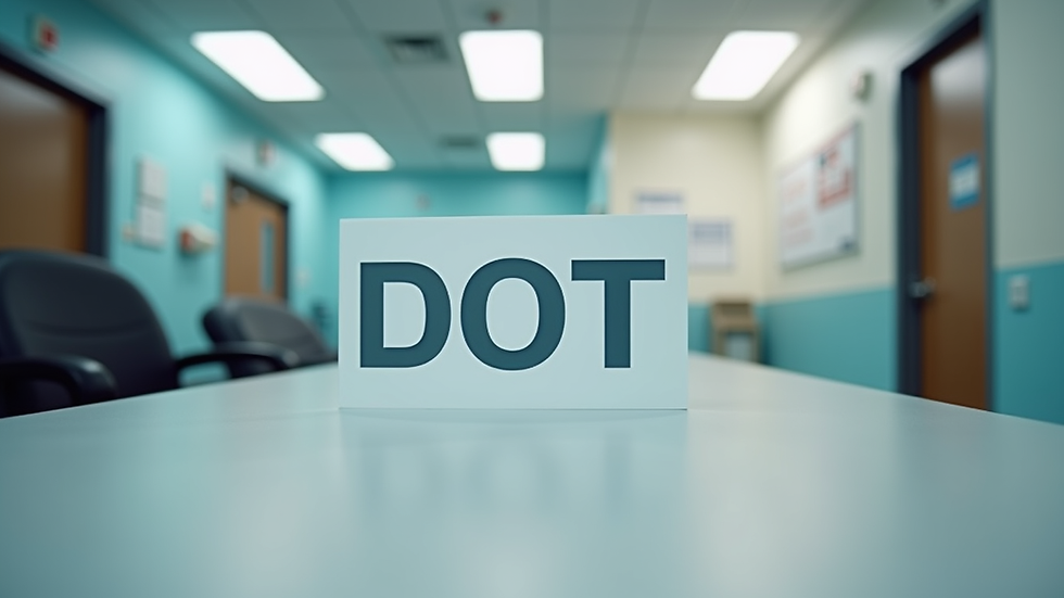 Eye-level view of a medical clinic reception desk with a DOT physical sign