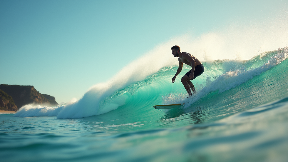 Wide angle view of a surfer riding a wave