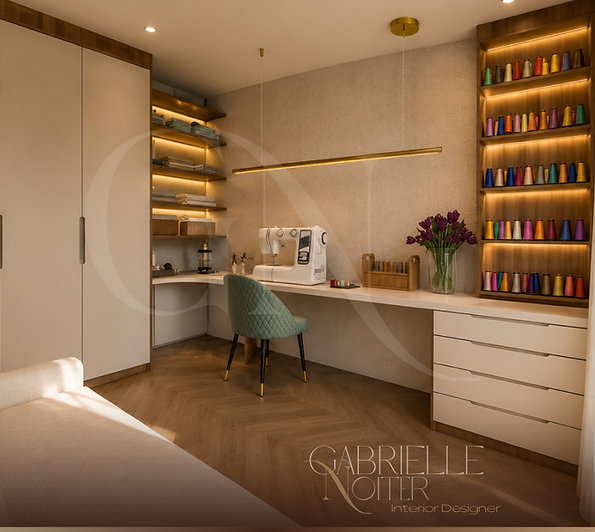 Ateliê residencial planejado com marcenaria personalizada, bancada de trabalho e iluminação decorativa
