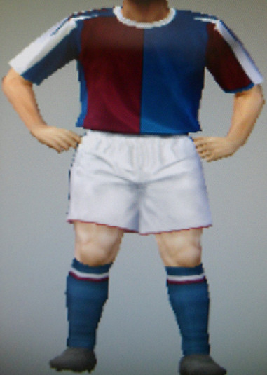 Bristol Villa FFC dark red & blue halved shirts with white trim, white shorts & blue socks