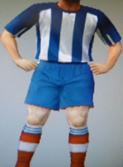 Portsmouth United FFC blue & white striped shirts, blue shorts, red socks
