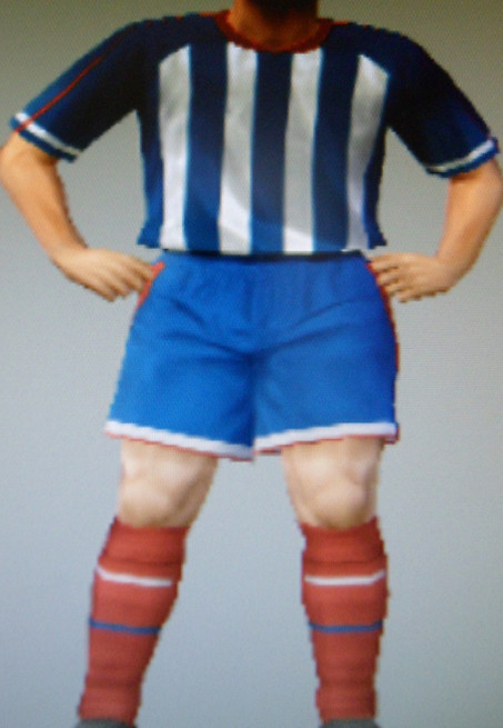 Wembley FFC blue & white striped shirts with blue sleeves & shorts, red socks