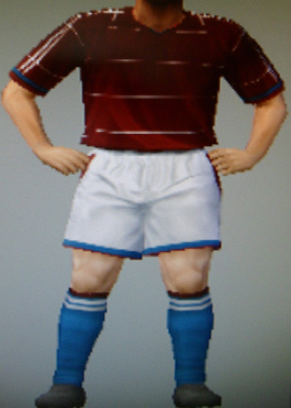 Hackney FFC claret shirt, white shorts, blue socks