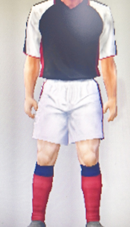 Grimsby Rovers FFC black shirts with white sleeves & red trim, white shorts, red socks