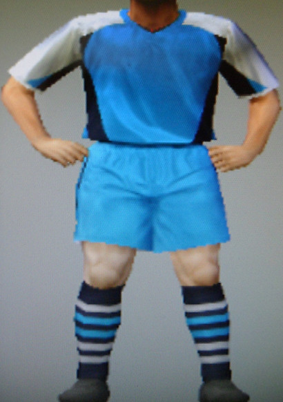 Coventry United FFC light blue shirts with white sleeves & dark blue trim, light blue shorts, dark blue socks