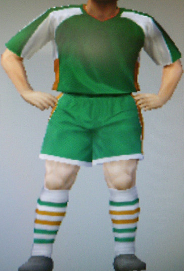 Dublin FFC green shirts & shorts with orange & white trim, white socks