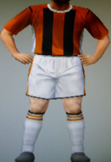 Luton United FFC amber & black striped shirts, white shorts & socks