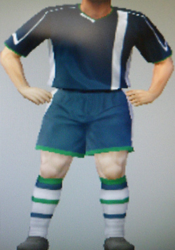 Belfast Rangers FFC blue shirts & shorts with green & white trim, white socks