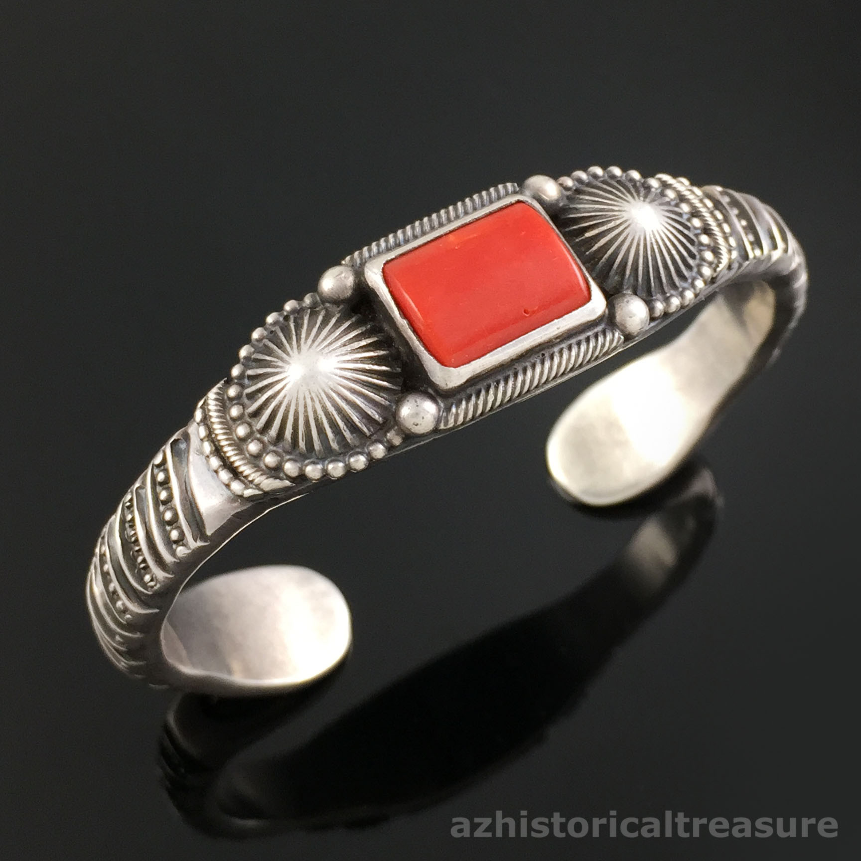 NAVAJO HEAVY GAUGE STERLING SILVER & RED CORAL CUFF BRACELET by JOHN BEGAY JR