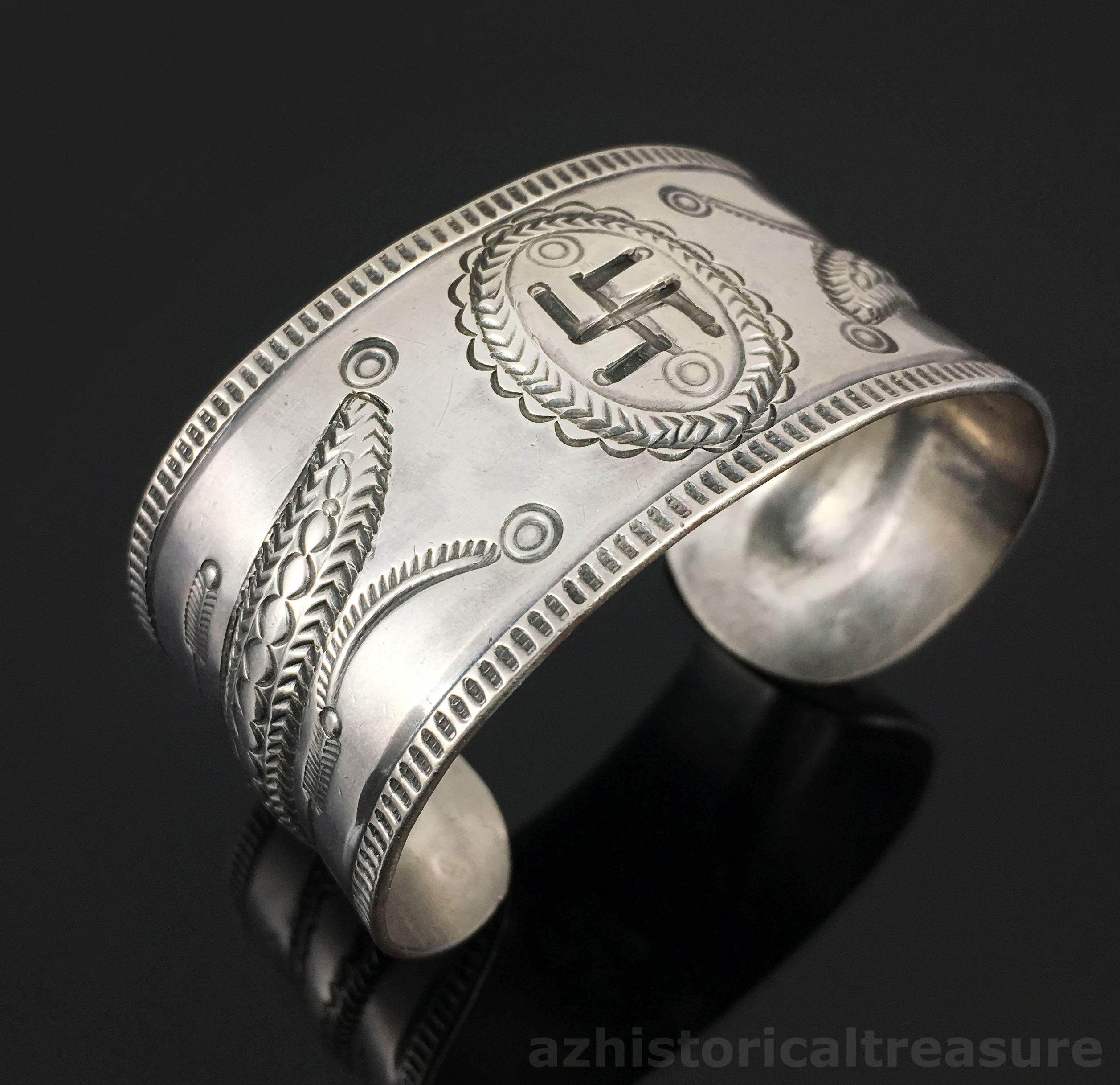 NAVAJO COIN SILVER INGOT HAND STAMPED & REPOUSSE WHIRLING LOG CUFF BRACELET