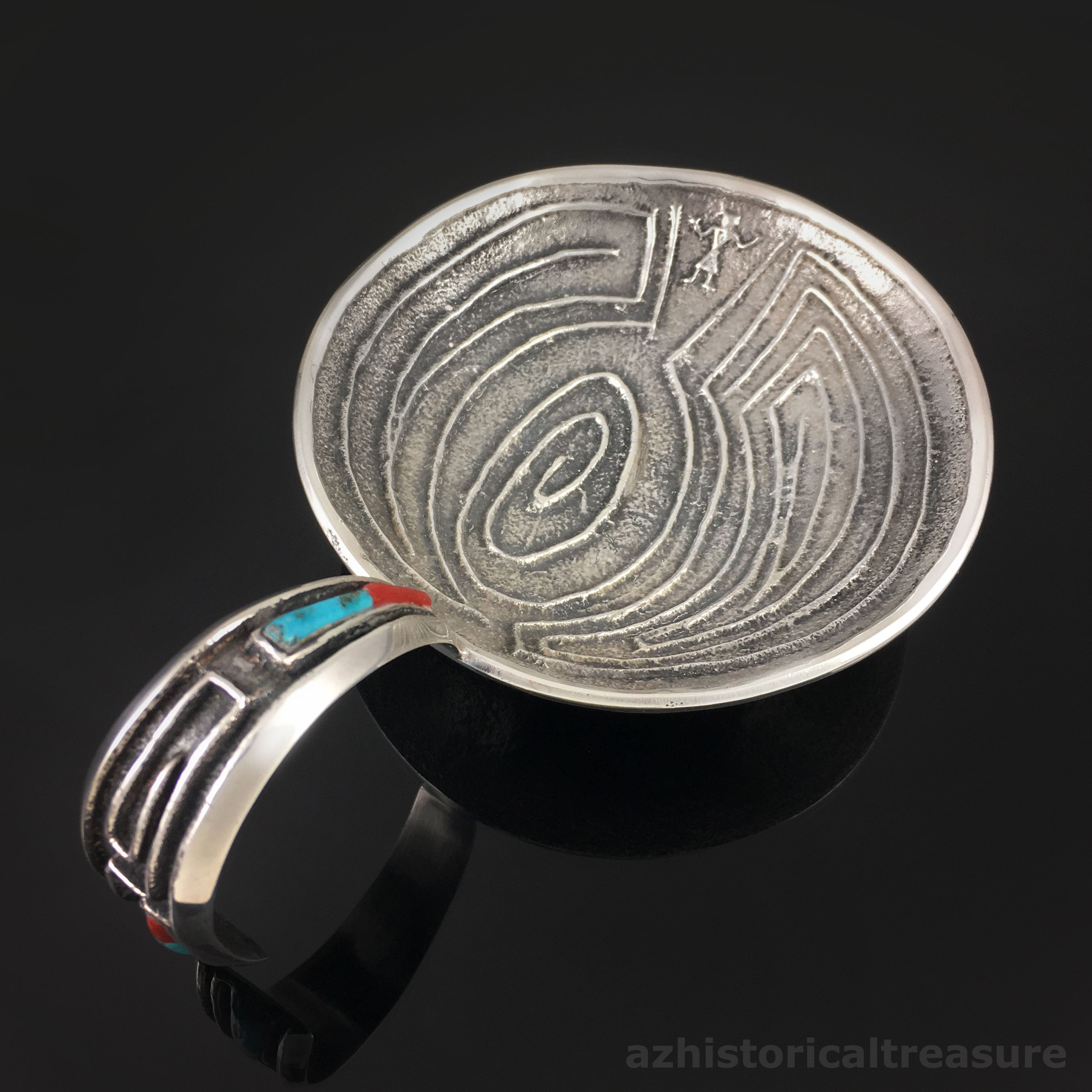 MISSION/HOPI TUFA CAST STERLING SILVER MAN IN THE MAZE DISH by PRESTON MONONGYE