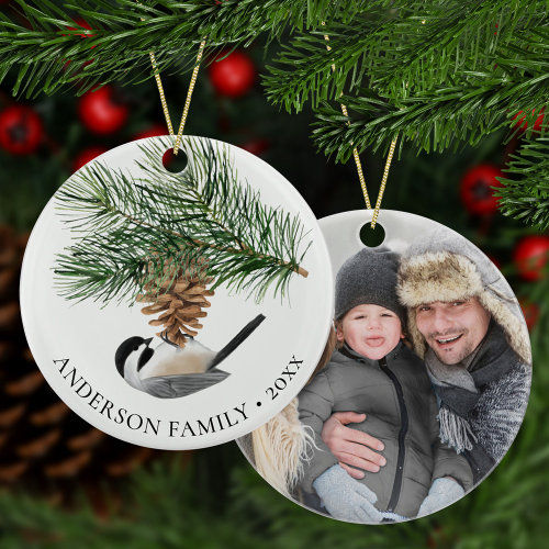 Review Family Photo Chickadee on Pine Sprig Christmas Ceramic Ornament
