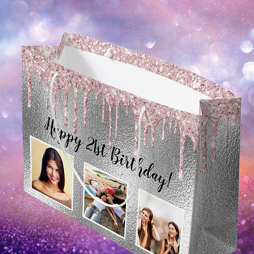 Best Price! Birthday silver pink glitter drips custom photo large gift bag