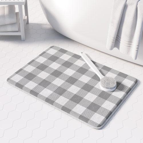Top 10! Farmhouse Buffalo Check Plaid Neutral Gray White Bath Mat