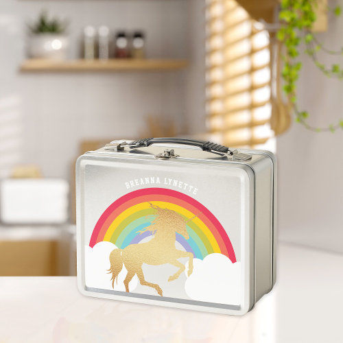 Best Deals! Retro Rainbow Clouds Faux Gold Unicorn Name Kids Metal Lunch Box