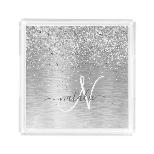 Hot Review! Silver Brushed Metal Glitter Monogram Name Acrylic Tray