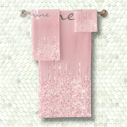 Top 10! Metallic Blush Pink Dripping Glitter Monogrammed Bath Towel Set