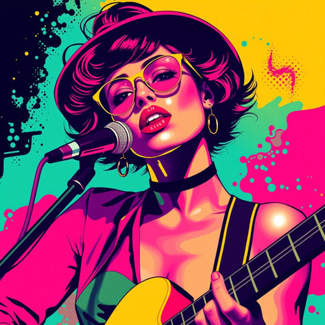 Vector art of a stylish woman singing with a guitar. Bold colors and patterns create a vibrant, energetic mood. She's wearing glasses and a hat.