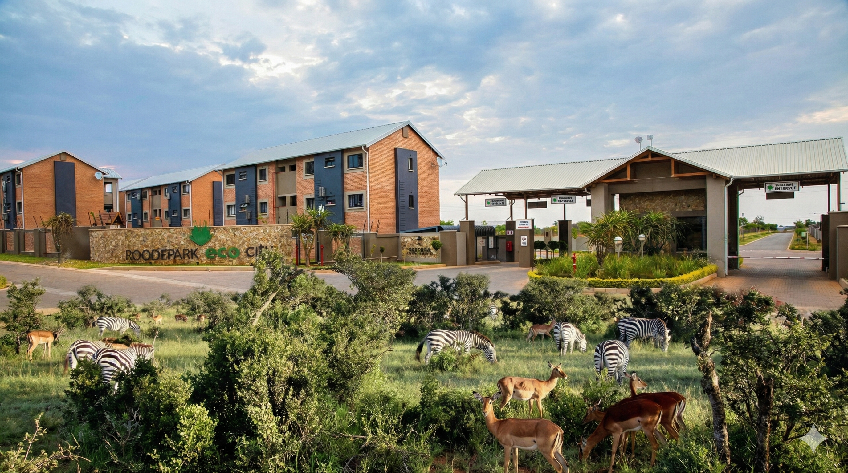 Roodepark Eco City Estate Entrance with security gate and landscaping