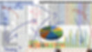 Busy excel worksheet with pie charts and coloured cells full of text and numbers with blue handwritten arrows