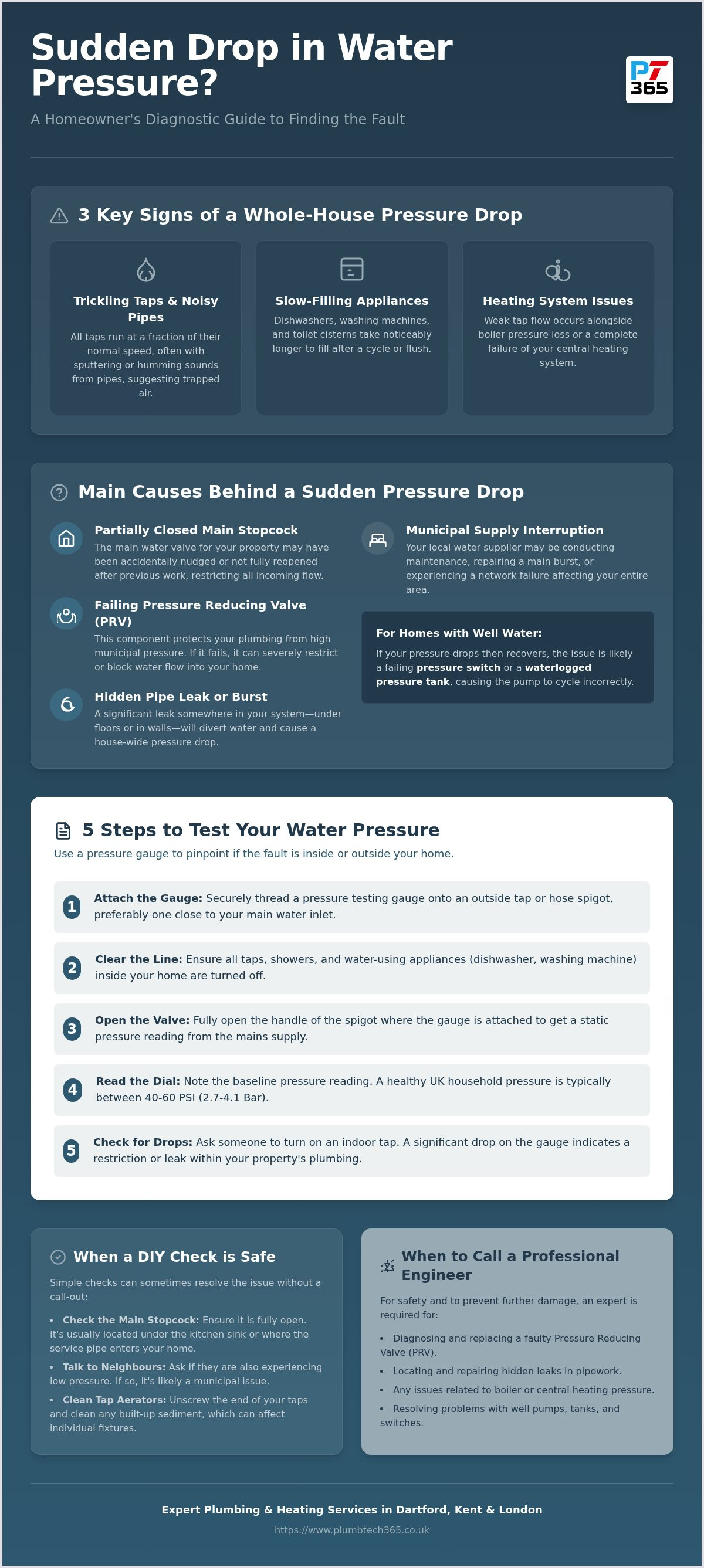 What causes a sudden drop in water pressure throughout the house