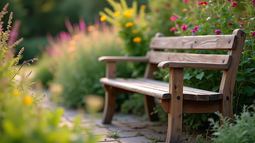 Close-up view of a handcrafted wooden garden bench surrounded by flowering plants