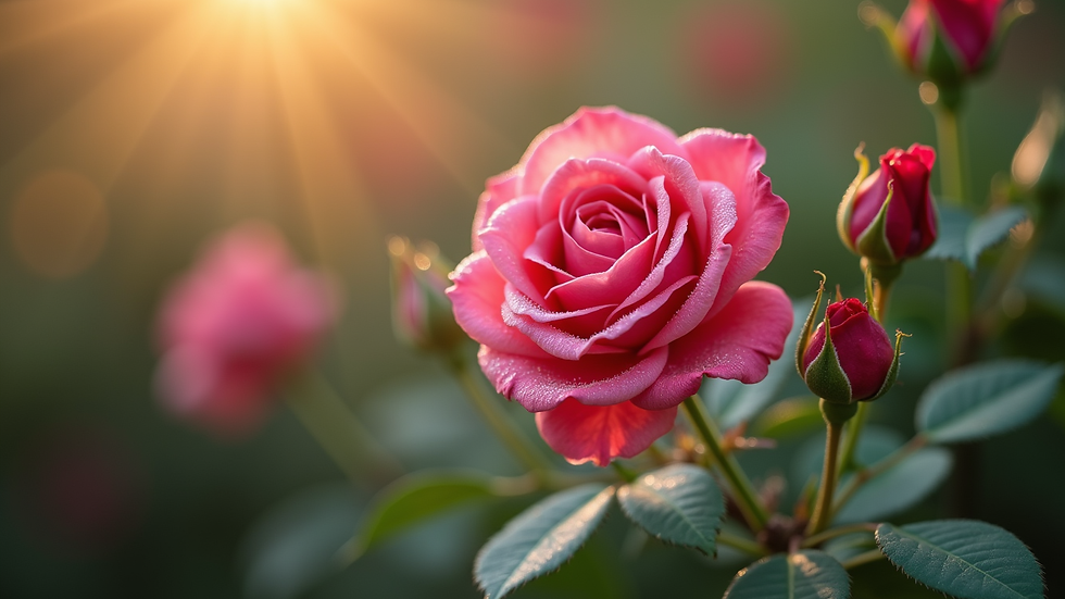 Close-up view of a blooming rose bush with morning dew