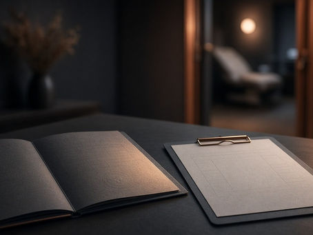 Open hearing folder and blank comment clipboard on a dark desk with a soft clinic doorway beyond, charcoal with copper accents