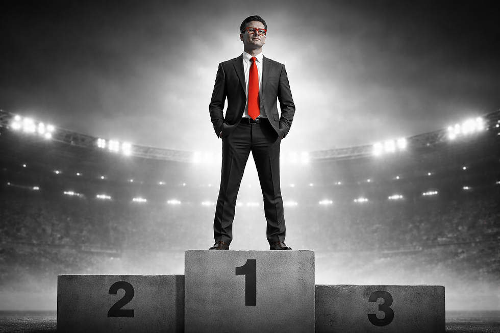 Businessman standing confidently on a podium in a stadium