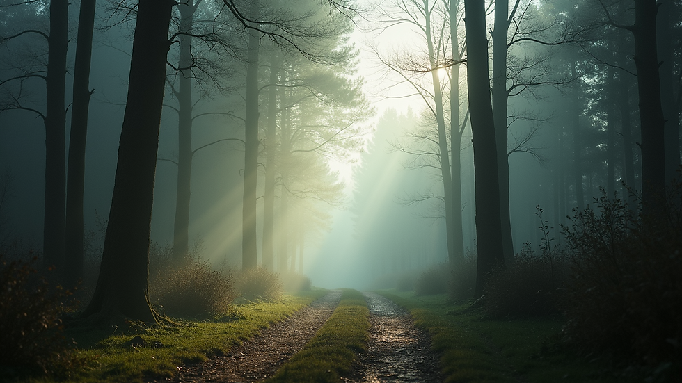 Close-up view of a misty forest path with soft light filtering through trees