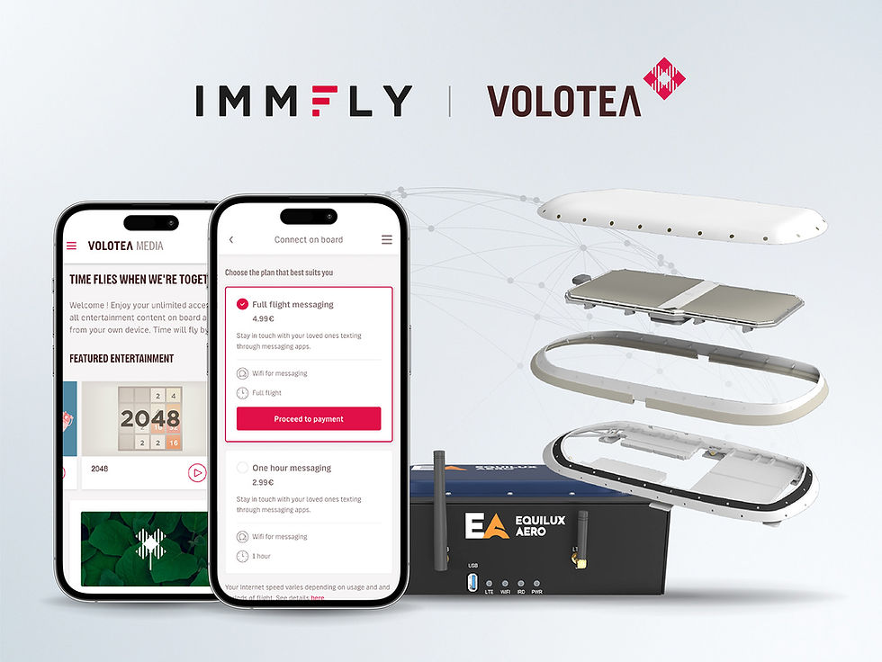 Mobile phones showing Volotea’s app featuring entertainment and connectivity options, alongside the Equilux server and Gogo ESA antenna
