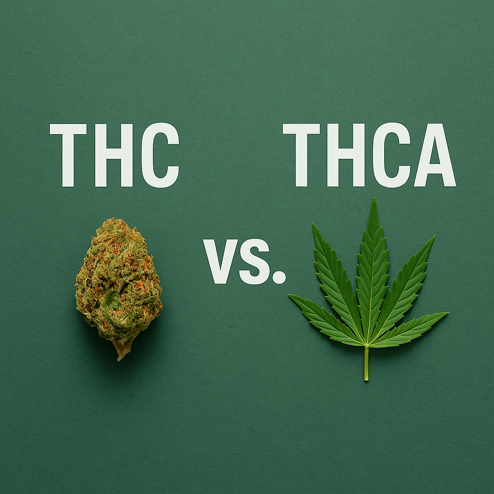 Cannabis bud and leaf on green background with "THC vs. THCA" text. Contrasting colors highlight differences in cannabis compounds.