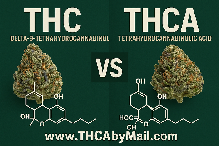 THC vs. THCA: Image of cannabis buds with chemical structures. Green background, bold text. Website: www.THCAbyMail.com.