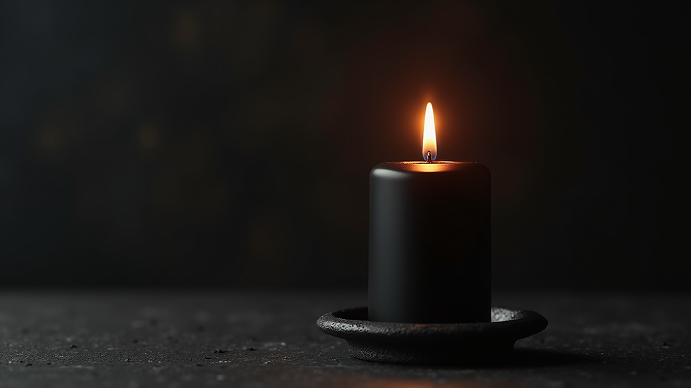Close-up view of black candle burning on a dark altar