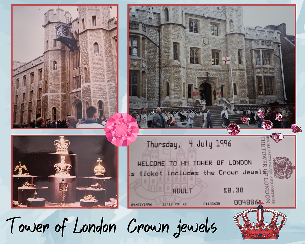 Note the price on the ticket I kept from 1996: £8.30. At time of writing, tickets are £40! The above shot of the Jewels is a postcard I bought at the souvenir shop.