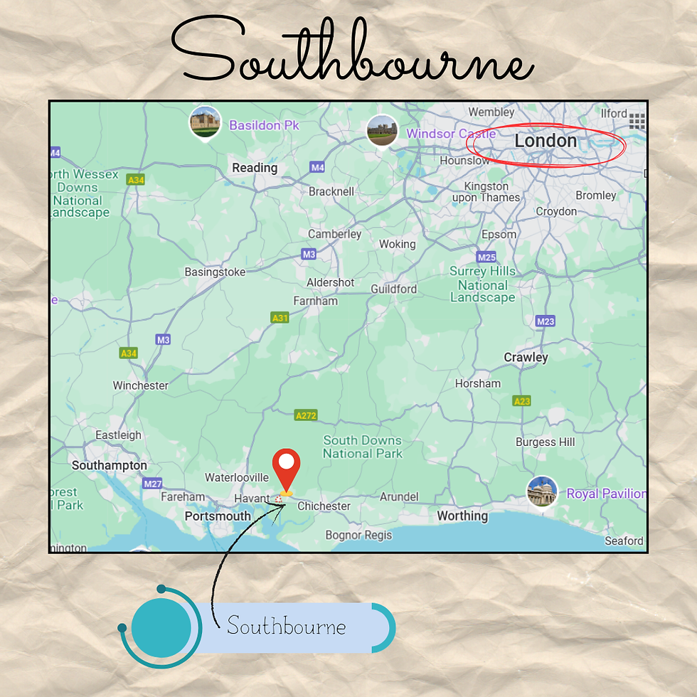 This map shows where Southbourne is from London.
