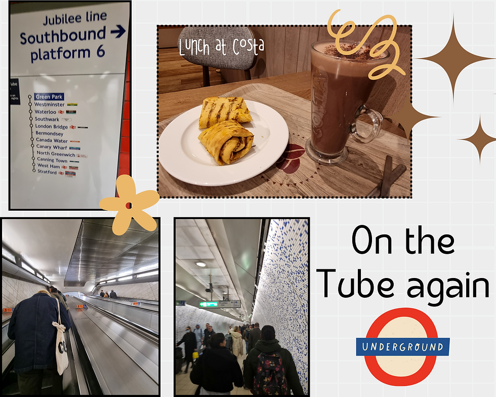 Scenes from my journey to meet MM, including lunch at Costa near the Southwark Tube.