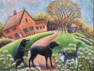 Two labradors and a grey and white beauty of a tabby.