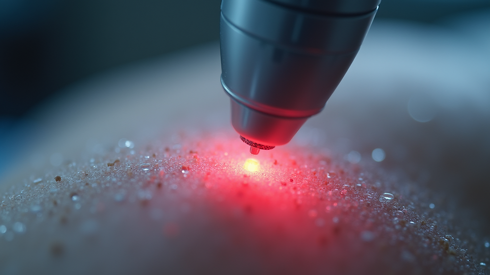 Close-up view of laser device targeting hair follicles on skin