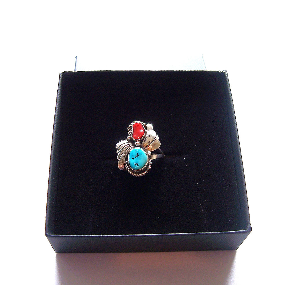 Navajo Large Vintage Silver Turquoise And Coral Ring
