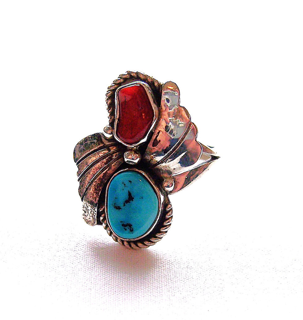 Navajo Large Vintage Silver Turquoise And Coral Ring