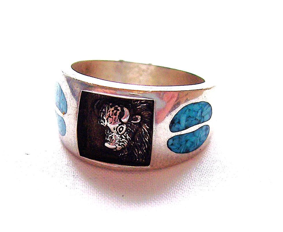 NAVAJO SILVER AND TURQUOISE BUFFALO RING