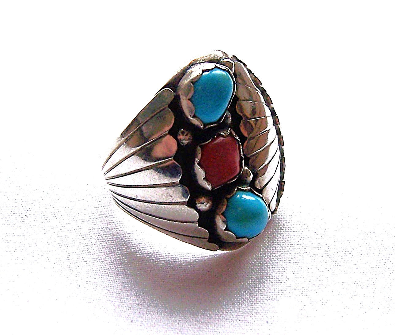 Navajo Large Vintage Silver Turquoise And Coral Ring
