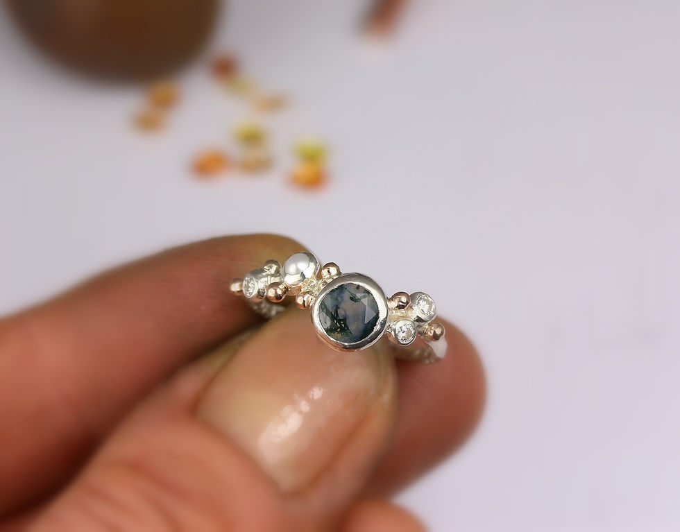 Thumbnail: LINDA ring with Moss Agate and Moissanite stones