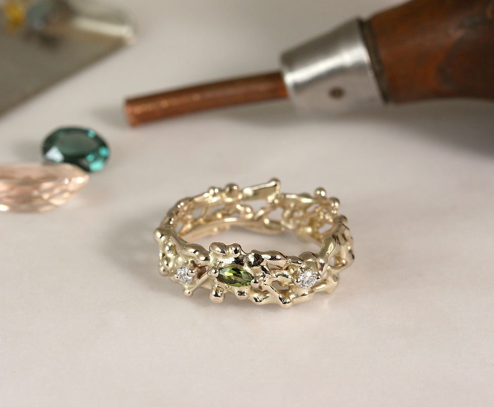 Thumbnail: Free form gold ring with Tourmaline and Moissanites