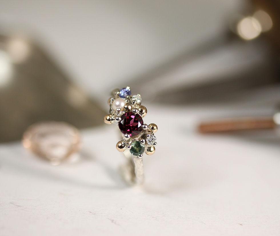 Thumbnail: family unique ring in silver and yellow gold with green, blue, red stones, atelje dr