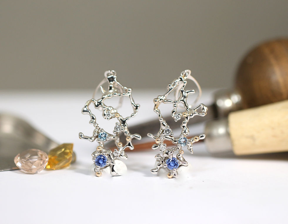 Thumbnail: Unique Enigma Aqua dangling earrings, Atelje DR jewelry