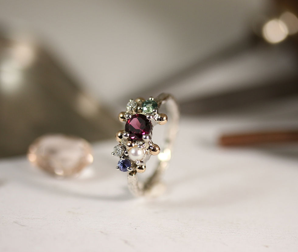 Thumbnail: family unique ring in silver and yellow gold with green, blue, red stones, atelje dr