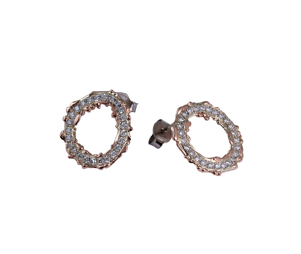 Thumbnail: special round hollow earrings in white and red gold with small sparkling diamonds
